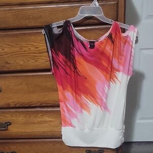 Wrapper Pink, Orange & White Cold-Shoulder Brushstroke Top